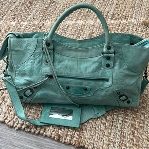 Balenciaga Vert Sauge Lambskin Leather Motorcycle City Bag